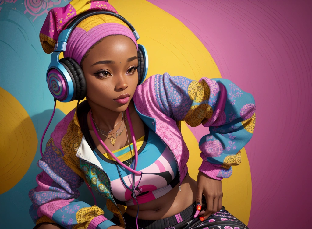 A unique and diverse image of a woman in the center, surrounded by vibrant colors and patterns, wearing a hip hop-inspired outfit and listening to music through her headphones.