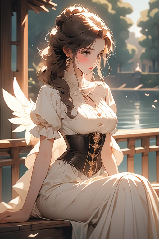 beautiful Spanish woman, living in the middle ages; dressed in her regular attire, but very tight around her chest; Her breasts look prominent because of the corset she wears; Her breasts look exquisite; She is sitting on a wooden bench, next to a bucket of water; She is bent over so she can see her voluminous breasts; She has a dark brown hair, light honey eyes, delicate and soft skin; She is wearing a short sleeved blouse with ribbed sleeves; the blouse is semi-transparent; Through the opening of her skirt you can see her beautiful and delicate legs, with soft and virgin skin; intrinsic details, masterpiece, cinematographic work; angelic expression, warm expression; sensually suggestive pose