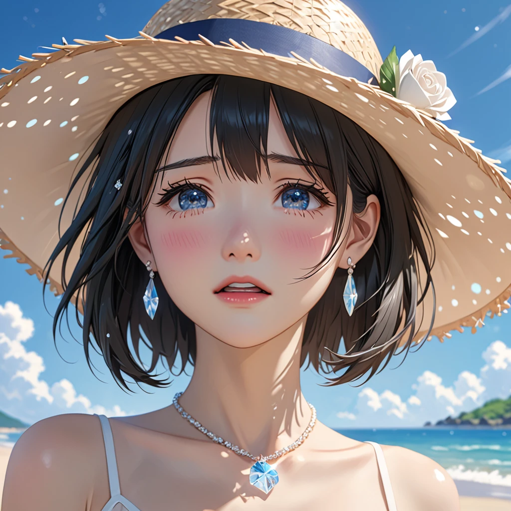 National Science Foundation,masterpiece,High resolution,8k,Art,digit,Three-dimensional,Realism,Kyoto Animation Style,your name movie style,looking into camera,cute,On the scenic beach,(1 girl: 1.3),(alone: 1.4),(Upper body nudity),Put your hands behind your head,White Rose Summer Sunshade Straw Hat,white crystal necklace,White crystal earrings,Black hair,Long eyelashes,Slender legs,Short Bob,Close-up of upper body,Close-up,(A Closer Look),Eyes as deep as the starry sky,shy,blush,pain,sad,sad,cry,Tears,open mouth