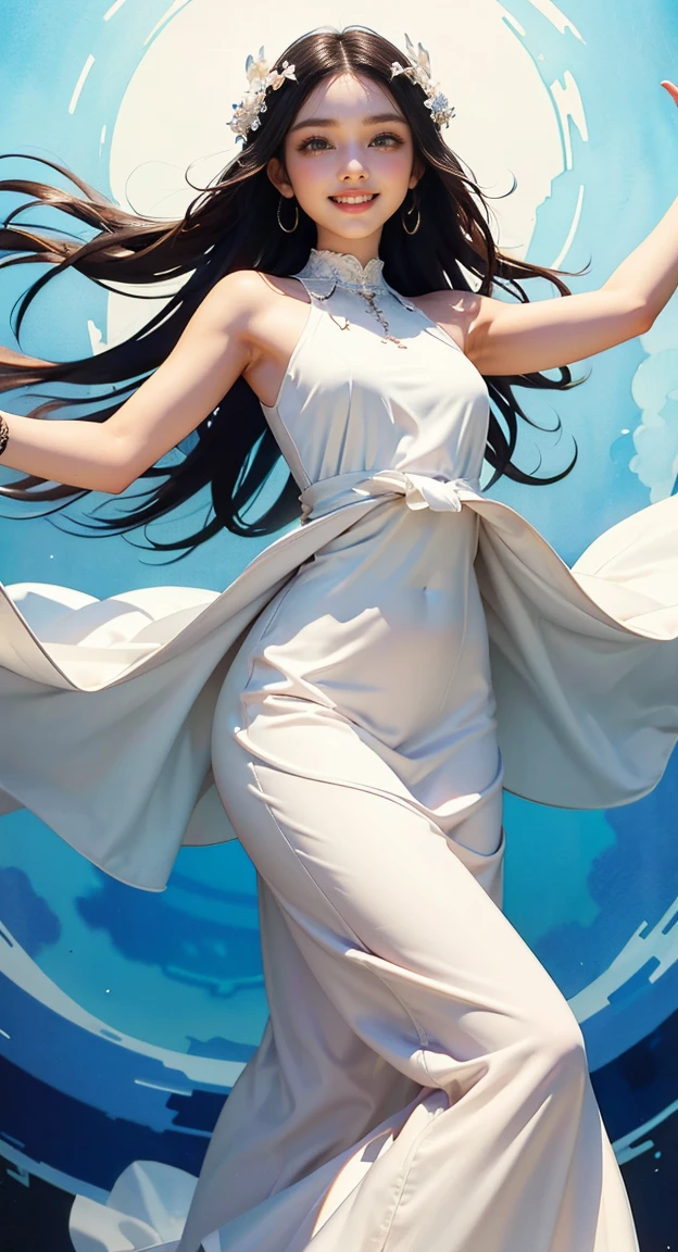 8k,masterpiece,Highest quality,Dynamic pose,Beautiful woman with long hair,(smile:1.3),White maxi dress,slim,,Watercolor \(Moderate\)