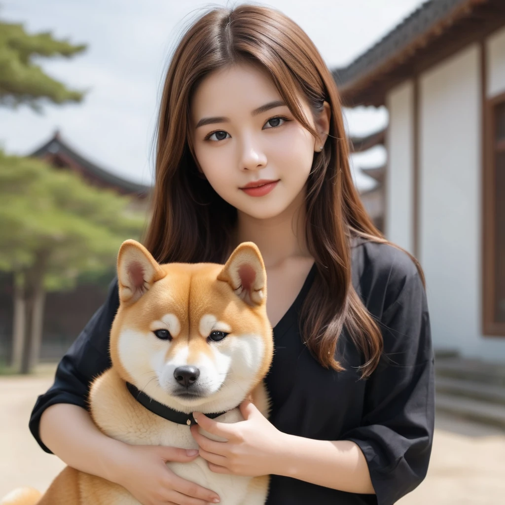 Attractive girl playing with a young Shiba Inu,Compressed realism