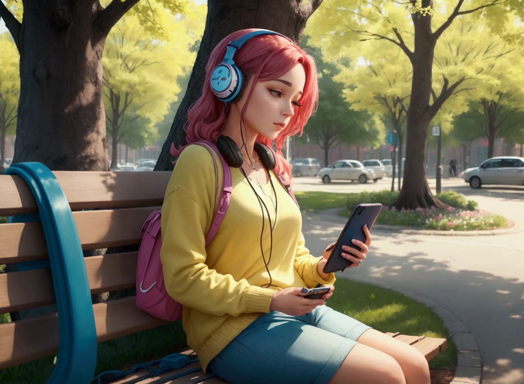 A creative and detailed image of a woman sitting on a park bench, surrounded by trees and flowers, with a hip hop playlist playing on her phone and a pair of headphones around her neck.