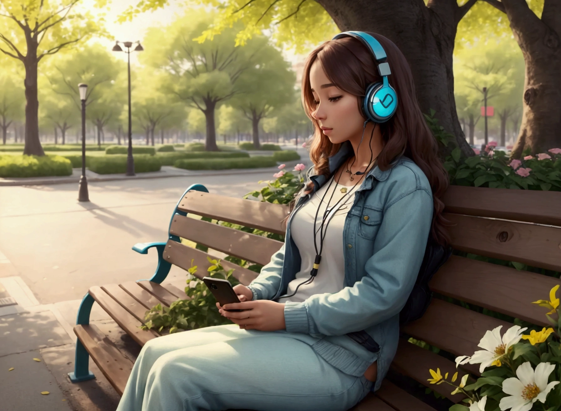 A creative and detailed image of a woman sitting on a park bench, surrounded by trees and flowers, with a hip hop playlist playing on her phone and a pair of headphones around her neck.