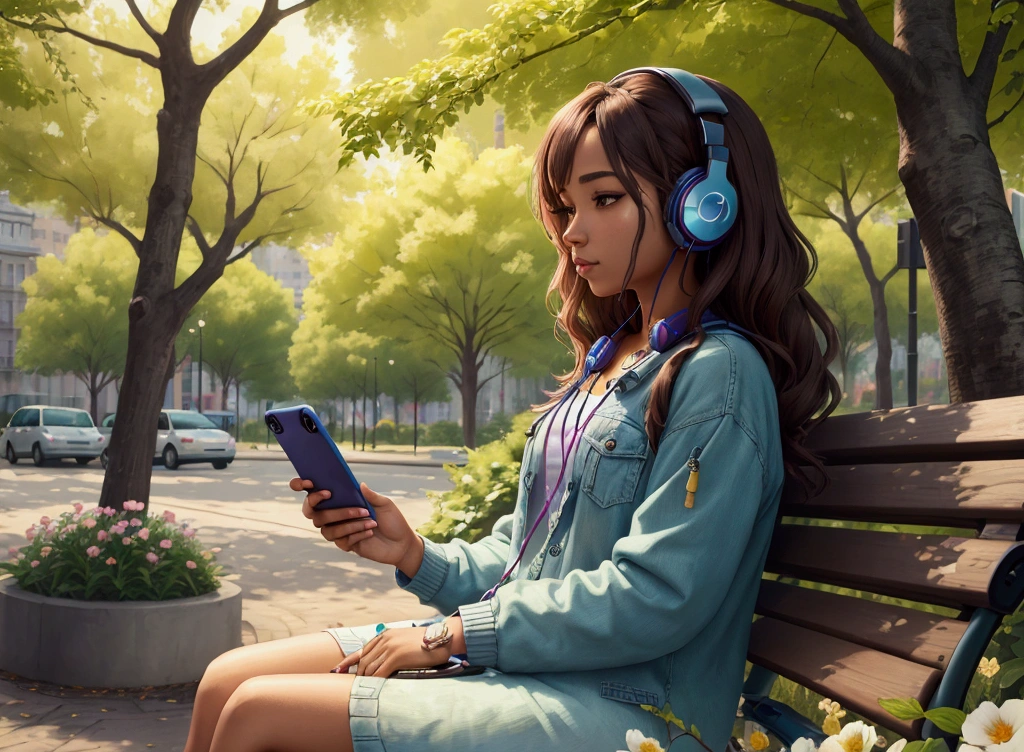 A creative and detailed image of a woman sitting on a park bench, surrounded by trees and flowers, with a hip hop playlist playing on her phone and a pair of headphones around her neck.