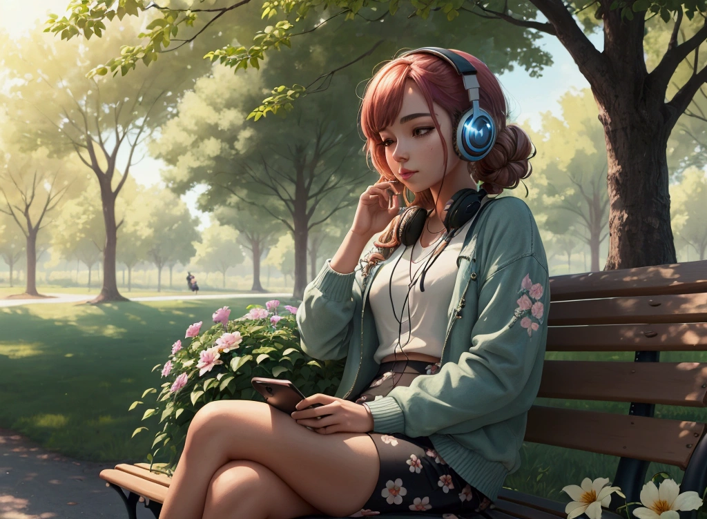 A creative and detailed image of a woman sitting on a park bench, surrounded by trees and flowers, with a hip hop playlist playing on her phone and a pair of headphones around her neck.