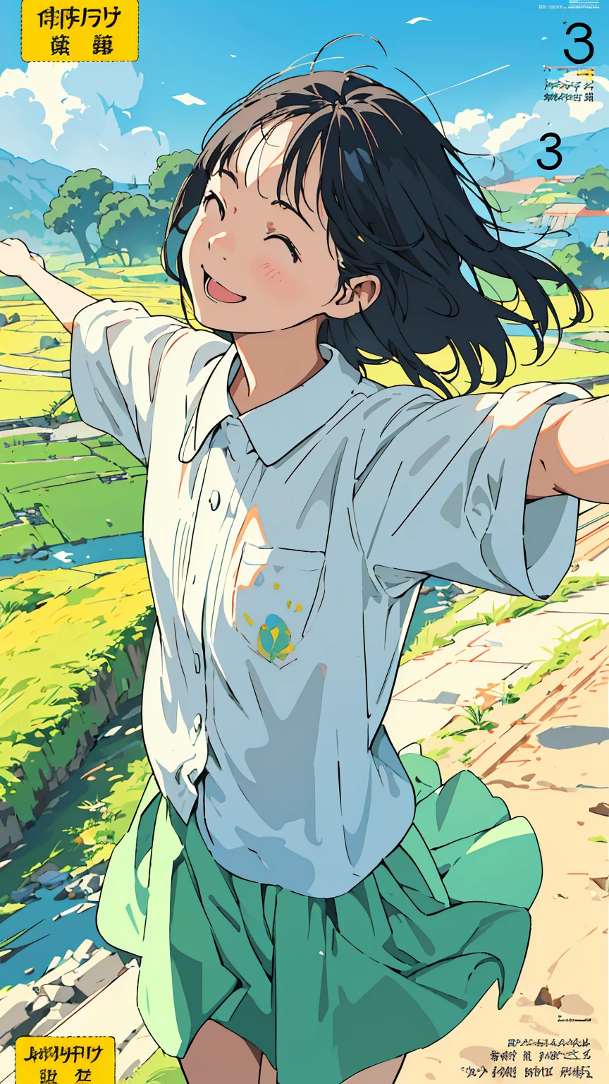 Reasonable design, Clear lines, High Sharpness, (Highest quality,4K,Perfect sharpness,Ultra-fine,High resolution,masterpiece:1.2), Perfect Anatomy:1.5, Official Art, Illustrations that tell a story, (Whitish background:0. 9)、Body Positivity、Diverse physical expressions、((Random and energetic poses))、Perfect beauty、Perfect beautiful face、(Strong winds)、Rich expressiveness、Dynamic configuration、smile、Golden ratio composition、colorful、((Different angles and perspectives))、Anime Drawing Skirt、(Overcoming stereotypes)、 Glowing Skin、(Natural Beauty)、bangs、Straight hair、(Soft and flowing hair)、(countryside)、(Nostalgic atmosphere)、Put it on your feet、(Playful and easygoing)、(diverse characters)、(Graceful posture)、(Sunny atmosphere)、(Bright colors)、Inserted up to the thighs、Skirt fluttering in the wind、Angle from above、Cheerful girl、Weekly magazine cover、