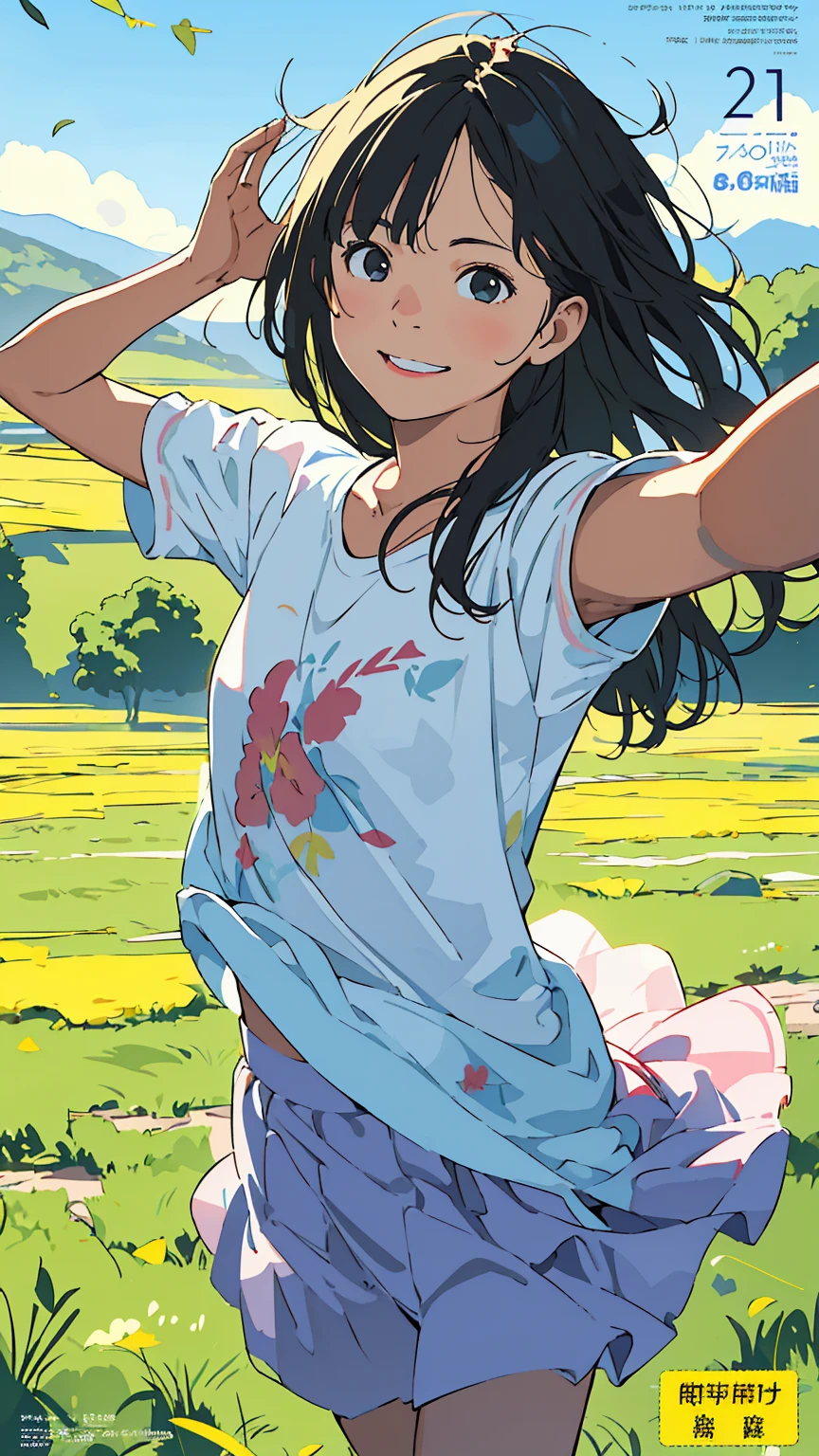 Reasonable design, Clear lines, High Sharpness, (Highest quality,4K,Perfect sharpness,Ultra-fine,High resolution,masterpiece:1.2), Perfect Anatomy:1.5, Official Art, Illustrations that tell a story, (Whitish background:0. 9)、Body Positivity、Diverse physical expressions、((Random and energetic poses))、Perfect beauty、Perfect beautiful face、(Strong winds)、Rich expressiveness、Dynamic configuration、smile、Golden ratio composition、colorful、((Different angles and perspectives))、Anime Drawing Skirt、(Overcoming stereotypes)、 Glowing Skin、(Natural Beauty)、bangs、Straight hair、(Soft and flowing hair)、(countryside)、(Nostalgic atmosphere)、Put it on your feet、(Playful and easygoing)、(diverse characters)、(Graceful posture)、(Sunny atmosphere)、(Bright colors)、Inserted up to the thighs、Skirt fluttering in the wind、Angle from above、Cheerful girl、Weekly magazine cover、