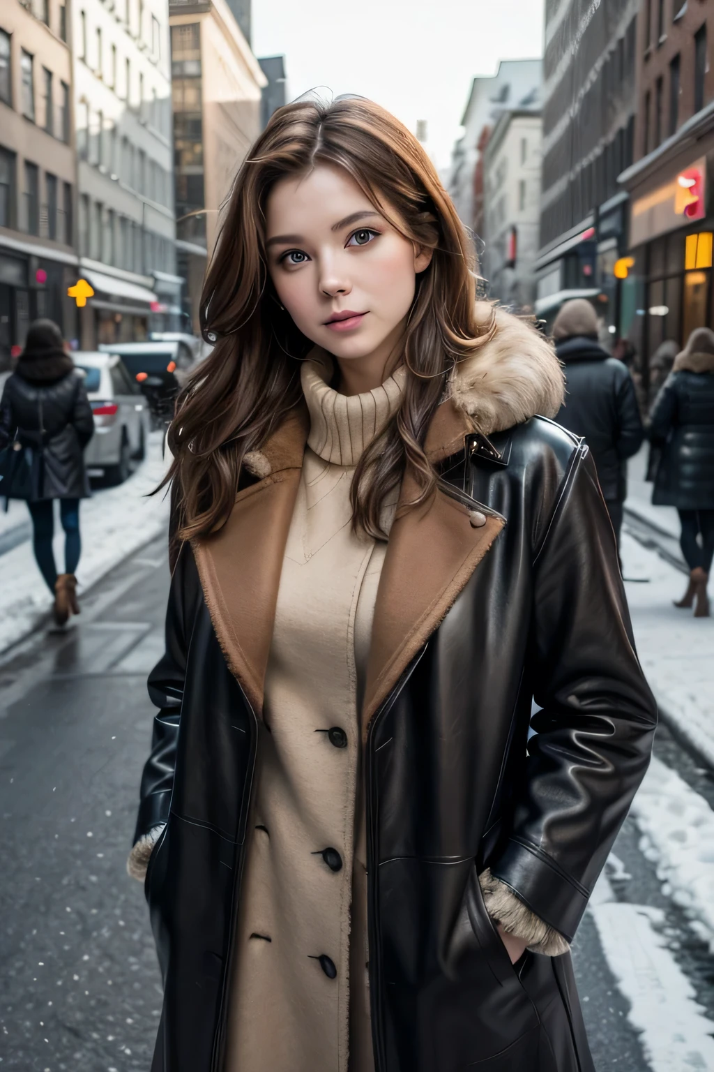 nordic goddess in NY in winter on the street with long brown hair wearing a leather overcoat and a collar with lynx fur