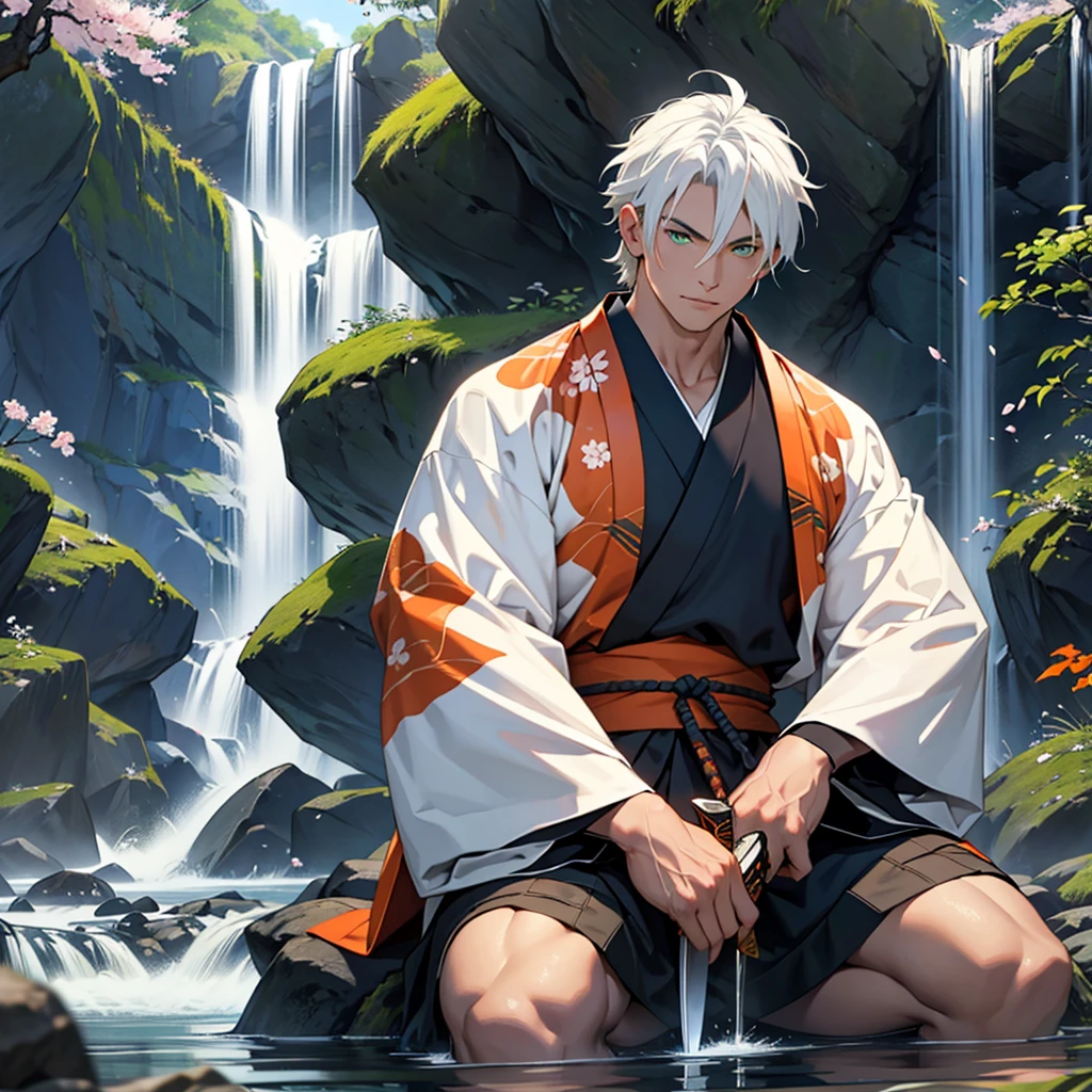 49 year old Samurai knife with white and dark blue striped hair and orange eyes seated to a 28 year old boy with white hair and green eyes wearing a white kimono in front of a Japanese house surrounded by sakura with a waterfall in the background in dark and medieval style