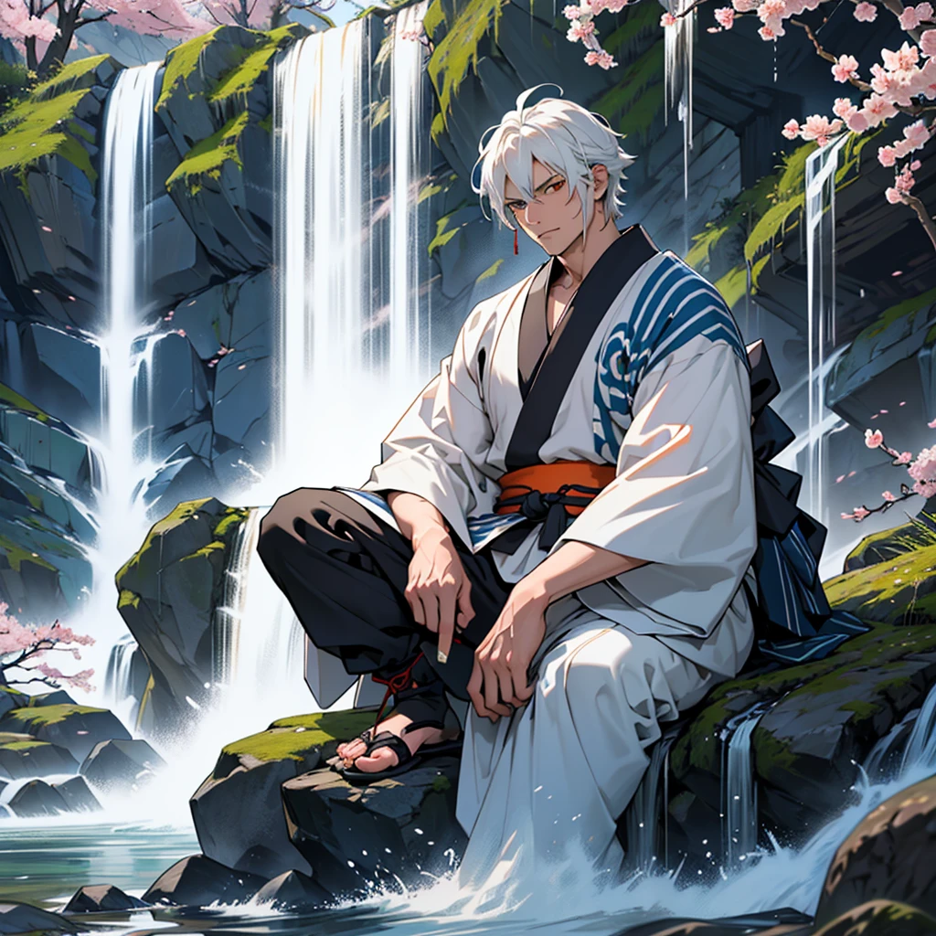 49 year old Samurai knife with white and dark blue striped hair and orange eyes seated to a 28 year old boy with white hair and green eyes wearing a white kimono in front of a Japanese house surrounded by sakura with a waterfall in the background in dark and medieval style