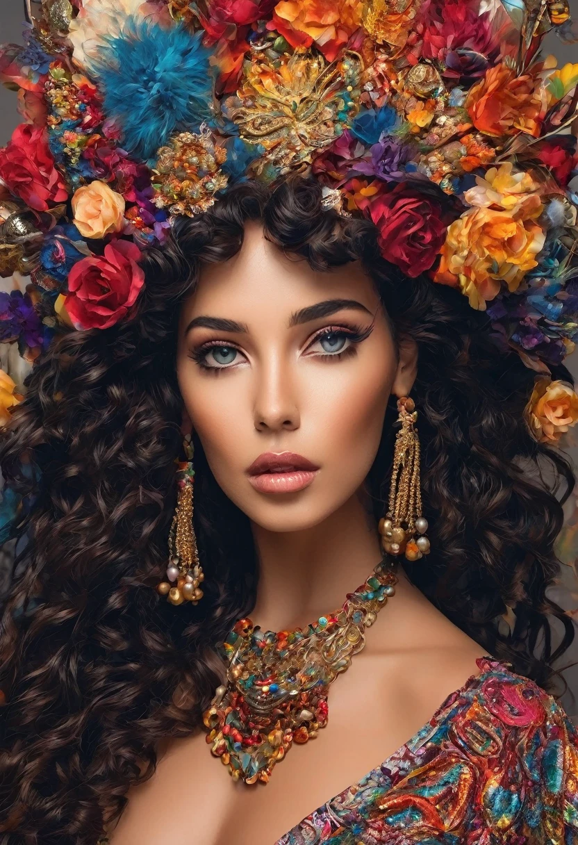 (cigana sulamita )) milhões de rosas amarelas e vermelhas , Ergue-se alto e mostra sua figura perfeita em todos os momentos cobre todo o corpo Vesti-se em uma linda saia rodada longa colorida, blusa bufante cheia de babados ((Cenário floresta )), super bonita, 8K realista , ((cabelos negros)), pele-Morena-Dourada, olhos negros, Corpo muscular ultrarrealista, vesti-se com uma roupa de cigana mágica , com um toque mágico e místico, com cabelo estilo slime , portanto, inspirado em Izzy Medrano, 3D 18K UHD., pulseiras douradas, , brincos dourados ,16k, Elementos: Terra 8K UHD SURREAL. Beautiful stunning woman adorned in ornate, colorful jewelry and clothing that appears to be inspired by"gypsy" style. She has long, dark curly hair with flowers tucked into it. Her makeup emphasizes her eyes, and she's wearing large, dangling earrings and multiple necklaces with colorful beads and pendants. The woman's clothing includes vibrant fabrics with patterns. The overall aesthetic is very bohemian and romantic, evoking a free-spirited, nomadic culture. The lighting in the image is warm, giving it a rich, golden glow that enhances the romantic atmosphere.woman adorned in ornate, colorful jewelry and clothing that appears to be inspired by Romani or "gypsy" style. She has long, dark curly hair with flowers tucked into it. Her makeup emphasizes her eyes, and she's wearing large, dangling earrings and multiple necklaces with colorful beads and pendants. The woman's clothing includes vibrant fabrics with patterns. The overall aesthetic is very bohemian and romantic, evoking a free-spirited, cigana culture. The lighting in the image is warm, giving it a rich, golden glow that enhances the romantic atmosphere UHD 18K.