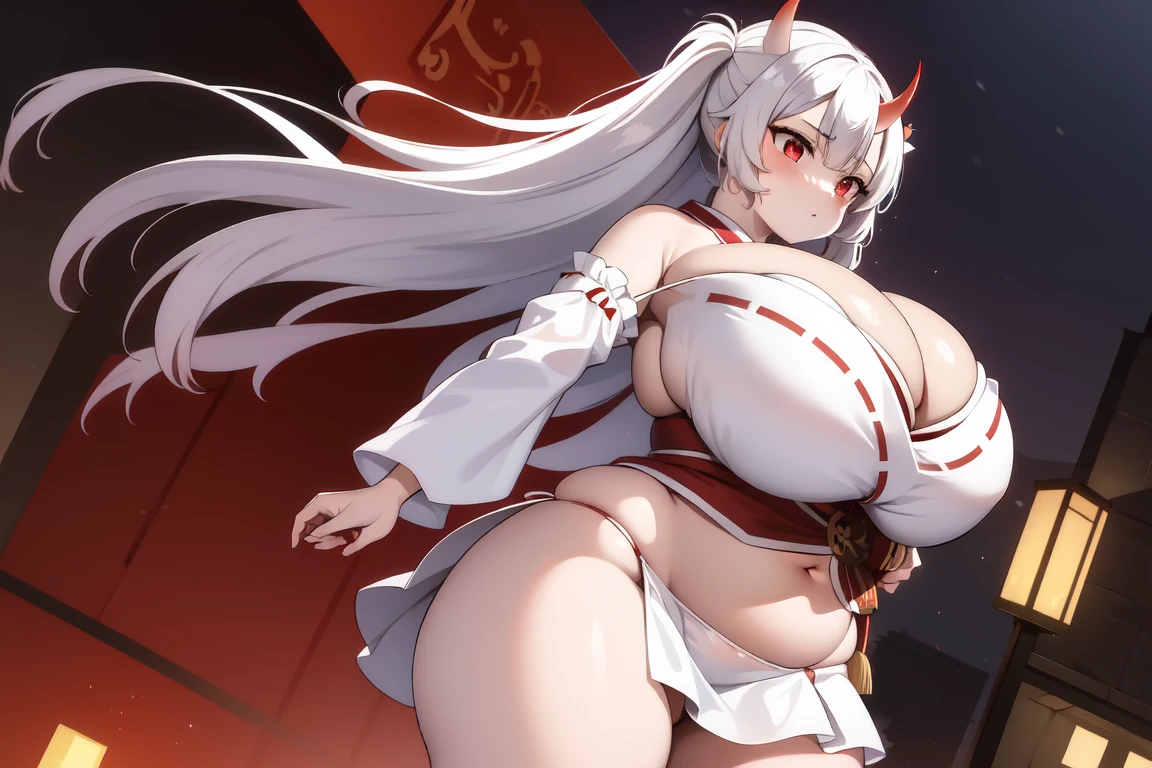 1girl, white hairs, red eyes, skimpy white-red kimono, long hair, lake, night, cleavage, Oni, armored skirt, oni horns, shortstack, huge breasts, wide hips, thick thighs, cowboy shot