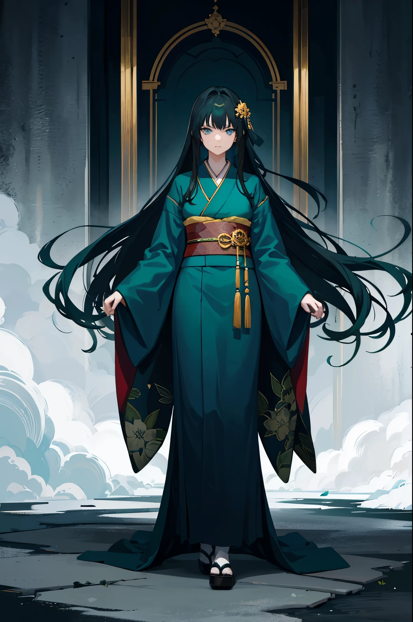 1woman, dark green hair, long hair, blue eyes, kimono, standing on ground, high res, ultra sharp, 8K, masterpiece