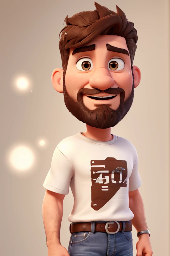 white man, 40 years old, face with strong masculine features, serious physiognomy, short failed beard, short messy brown hair, brown eyes, white t-shirt, jeans, black sneakers with white stripes, high definition, Pixar 3D style, 16k