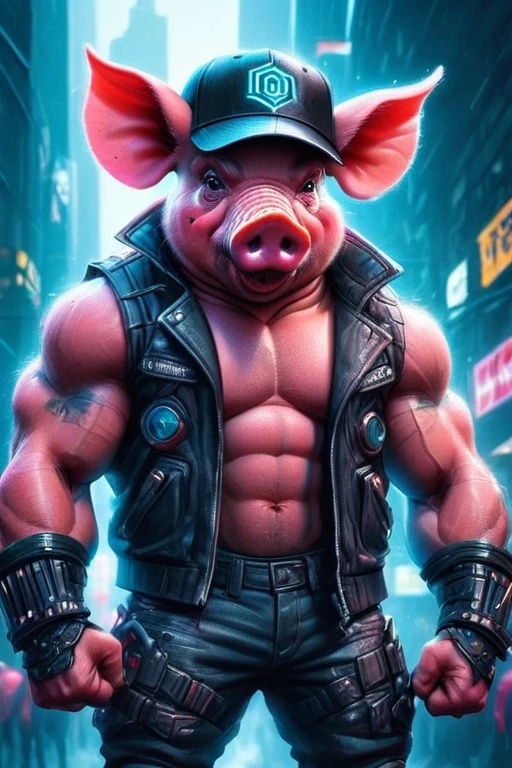 ultra-detailed digital painting of a muscular anthro pig with a stylish hat, holding it in a cyberpunk neon grid realm, hyper-realistic, dreamlike vibes, madpunk style