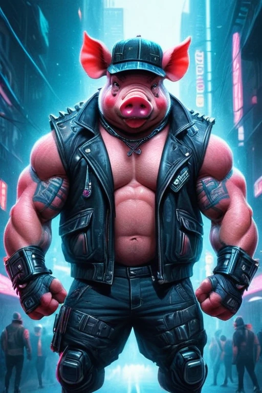 ultra-detailed digital painting of a muscular anthro pig with a stylish hat, holding it in a cyberpunk neon grid realm, hyper-realistic, dreamlike vibes, madpunk style
