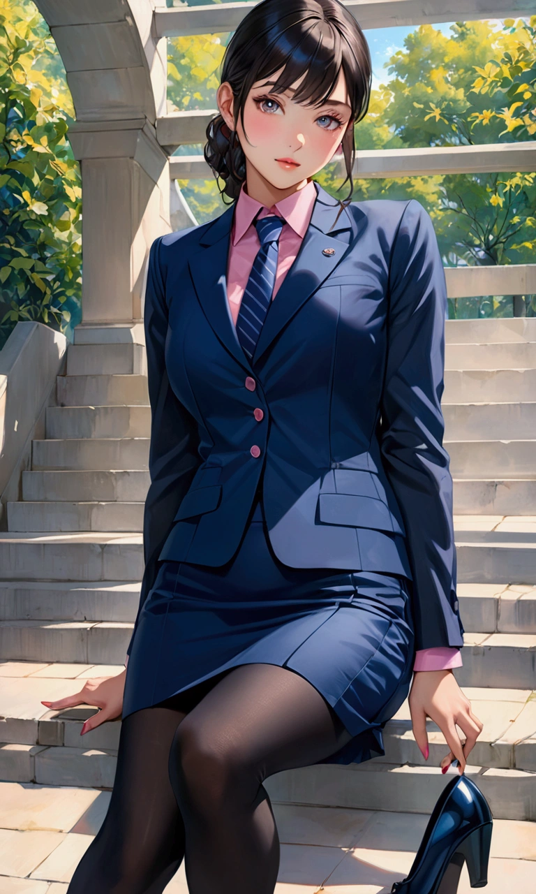 realistic anime illustration of a young beautiful woman standing and looking at viewer at campus, she wearing navy-blue blazer, pink shirt with navy-blue tie, navy-blue pencil skirt, black heel cutshoes, (1girl, solo, full body), (masterpiece, best quality), vivid colors