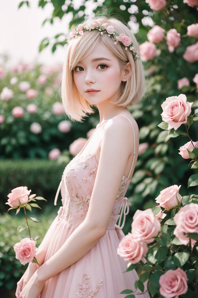 8k, RAW Photos, Fujifilm, Avril-like style photo of a beautiful young woman in a garden of pale pink roses (Highly detailed skin: 1.2) Style Petal Break Short Hair, Blonde and colored hair, Wear a dress, Film Granulation, 35mm, Cute Style