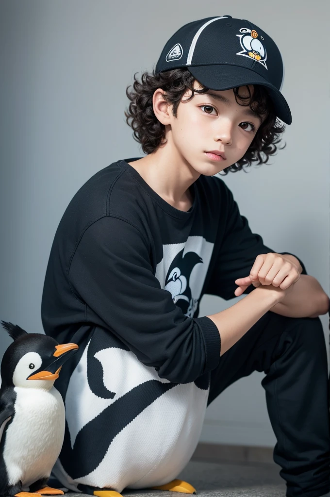 Boy with curly hair wearing a cap with a penguin on the side