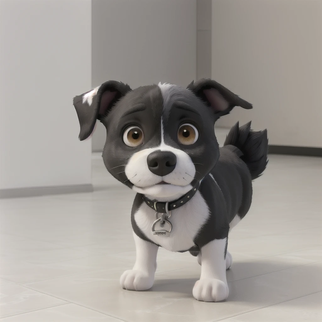 there is a little black and white dog sitting on the tile floor, pitbull, wells, holding it to the camera, taken with sony alpha 9, looking defiantly at the camera, grey ears, Puppy, looking at the camera, proud looking away, olhando de lado!, looking away from the camera, looking away from the camera, looking at the camera