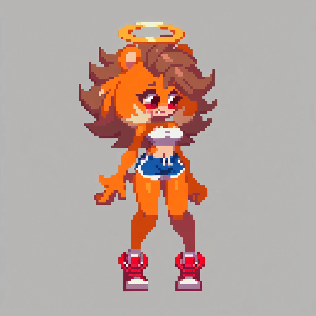 score_9, score_8_up, solo, mobian, hedgehog, two-tone fur ((orange fur, brown fur)), pyjama elastic shorts, strapless crop top, cleavage, high-top sneakers, two-tone hair (brown hair, black tip)), curly hair, halo, sunglasses, jewelry, red eyes, longeyelashes, red eyes, smile, shy, blush