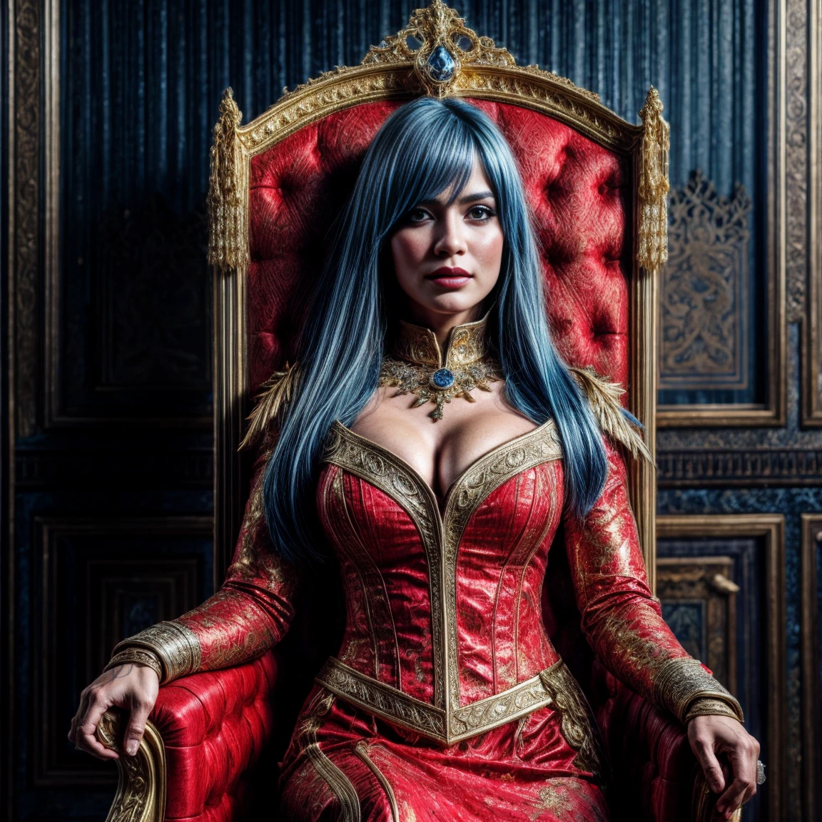 woman in a red and gold costume sitting on a chair, long white haier, world of warcraft sally whitemane, on her throne, in a throne room, lady in red and black armor, sitting on her throne, ornate cosplay, best quality,4k,8k,highres,masterpiece:1.2),ultra-detailed,(realistic,photorealistic,photo-realistic:1.37), detailed blue hair, detailed face, studio lighting, woman,  hd 4k 8k ultrasharp, 