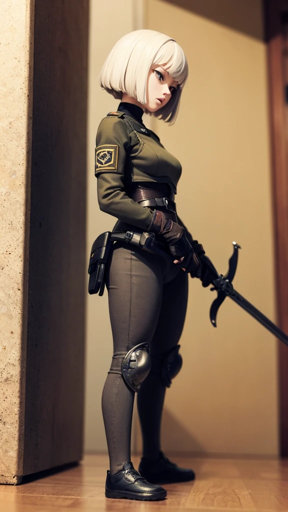 Masterpiece, Tabletop Figures, Highest quality, 4K, The face is precise(((must))), concept art, best shot, Holding a beautifully decorated long sword, Taking a stance for Iainuki, head to toe((must)), A photo taken from a low angle of a gray haired Russian girl in her early 20s, Wearing jet black protector, cutting edge protective gear,  The background is a battlefield diorama, Ilya Kuvshinov's style