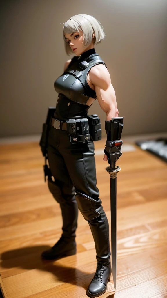 Masterpiece, Tabletop Figures, Highest quality, 4K, The face is precise(((must))), concept art, best shot, Holding a beautifully decorated long sword, Taking a stance for Iainuki, head to toe((must)), A photo taken from a low angle of a gray haired Russian girl in her early 20s, Wearing jet black protector, cutting edge protective gear, The background is a battlefield diorama, Ilya Kuvshinov's style