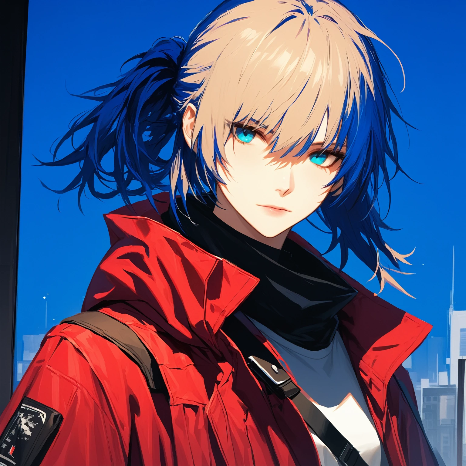 (woman), ((Mostima from arknights)), masterpiece, best quality, blue hair, ((short hair)), ((pony tail hair)), horns, plain white shirt, red fullbody coat, dark blue eyes, realistic anime style, faint smile, ((portrait)), black gloves, carring a bag.