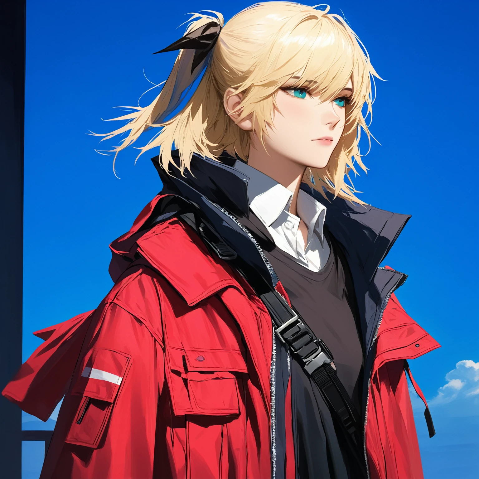 (woman), ((Mostima from arknights)), masterpiece, best quality, blue hair, ((short hair)), ((pony tail hair)), horns, plain white shirt, red fullbody coat, dark blue eyes, realistic anime style, faint smile, ((portrait)), black gloves, carring a bag.