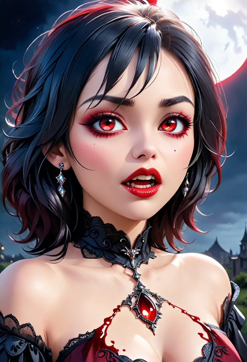 a portrait of vampire with a bloody tear coming down from the eye, an exotic beautiful female vampire, black hair color, dynamic hair style, ultra detailed face, best detailed face, silver eye color, ((1single red teardrop, teardrop made of blood coming down from the eye: 1.3)), small cleavage, wearing two black diamond earrings, Ultra-high resolution, High Contrast, (masterpiece:1.5), highest quality, Best aesthetics), 16K fantasy art, best details, best quality, highres, (ultra wide angle: 1.2), 16k, [ultra detailed], masterpiece, best quality, (extremely detailed), ladyshadow, magical sky, crying style, vampire teeth, goth person