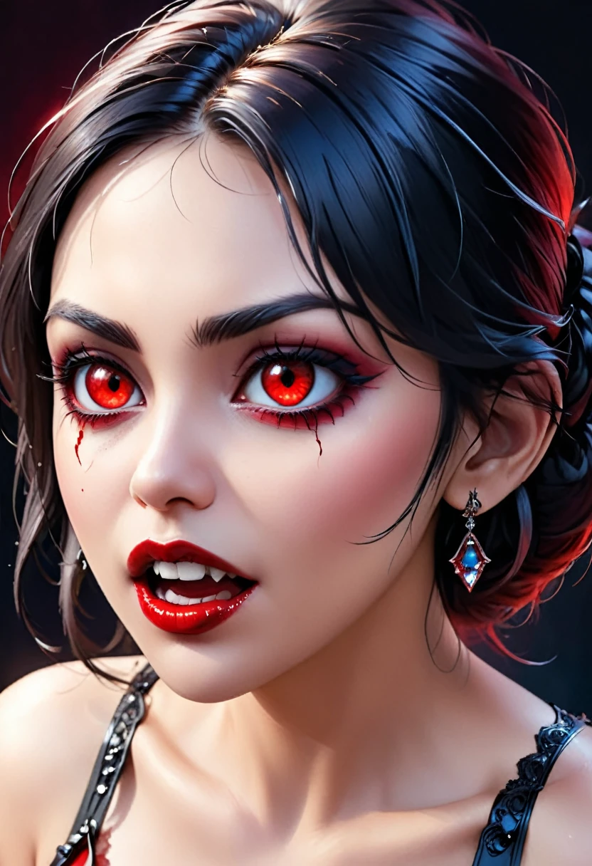 a portrait of vampire with a bloody tear coming down from the eye, an exotic beautiful female vampire, black hair color, dynamic hair style, ultra detailed face, best detailed face, silver eye color, ((1single red teardrop, teardrop made of blood coming down from the eye: 1.3)), small cleavage, wearing two black diamond earrings, Ultra-high resolution, High Contrast, (masterpiece:1.5), highest quality, Best aesthetics), 16K fantasy art, best details, best quality, highres, (ultra wide angle: 1.2), 16k, [ultra detailed], masterpiece, best quality, (extremely detailed), ladyshadow, magical sky, crying style, vampire teeth, goth person