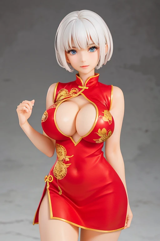 figure of a big breast white short hair, sweaty cleavage, elegant red china dress with golden dragon print