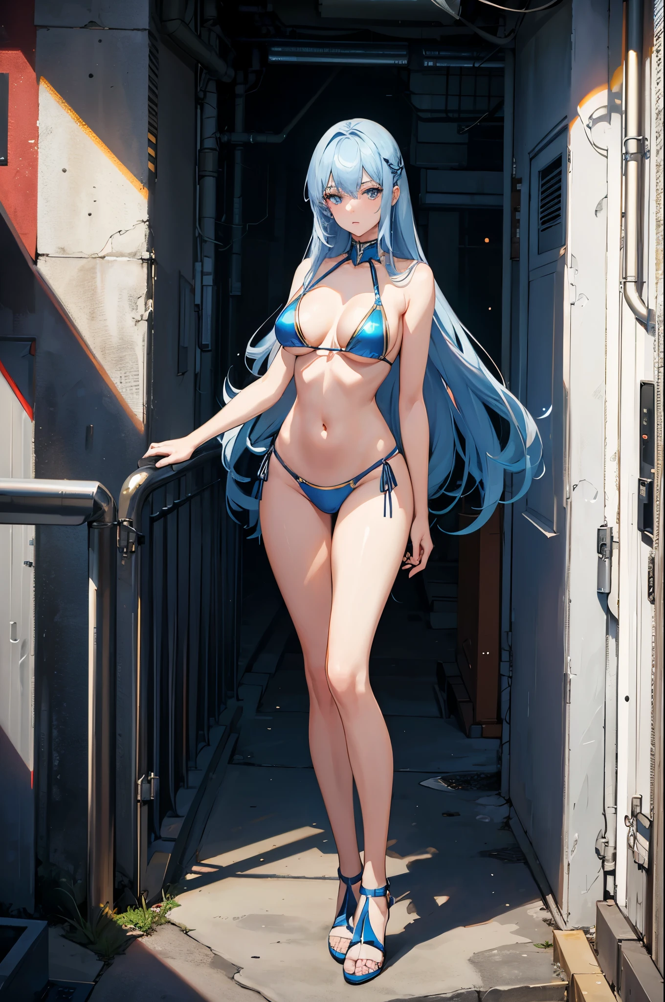 1woman, tall, metallic hair, blue eyes, bikini, standing on ground, high res, ultra sharp, 8K, masterpiece