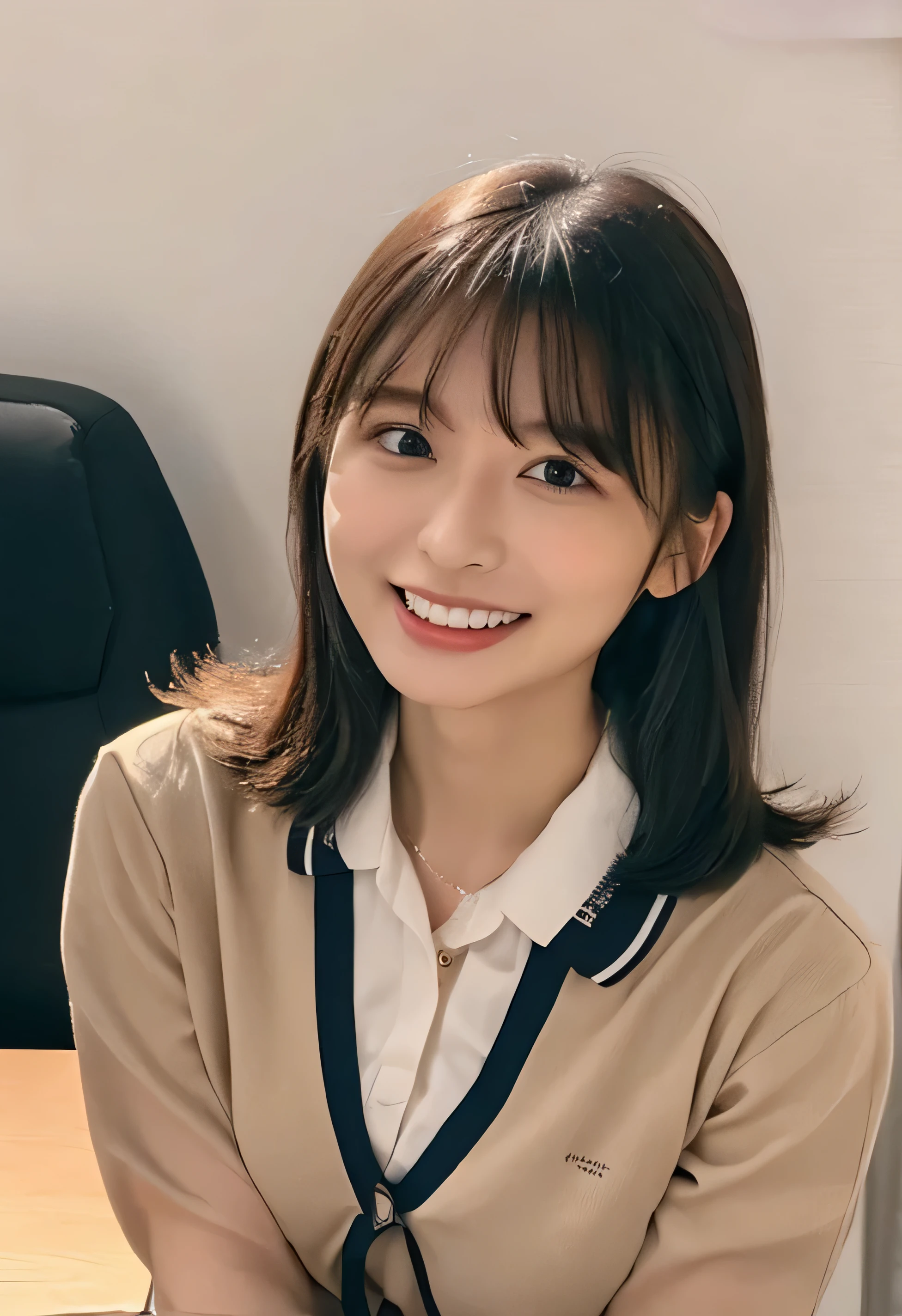 (White collared shirt、Offering tea、Tied up hairstyle、Photo from the waist up:1.4).One Girl, Cool Biz、(Put your hands on the desk and stick your butt out、office、Her natural G-cup breasts are visible even through her clothes、Office Lady Uniform、Cute beauty, Delicate girl:1.3), (24-years-old:1.3),(Smiling with teeth showing、Cute smiling eyes、Cute loose perm、(Fluffy hair、Loose perm、Braid only the bangs:1.4)Braid only the bangs、Fluffy hair、Medium Short Hair、Wearing an office lady skirt、Round and ample breasts、Curved waist、Photo from the waist up:1.4)
Very beautiful eyes, (Office Lady Uniform:1.3), (G-cup big breasts:0.5), Brown eyes, Parted bangs, Light brown hair,
, A face of ecstasy、(The expression of ecstasy、A face of ecstasy:1.0),
, (masterpiece, Highest quality, Super detailed, Detailed face, 8k)