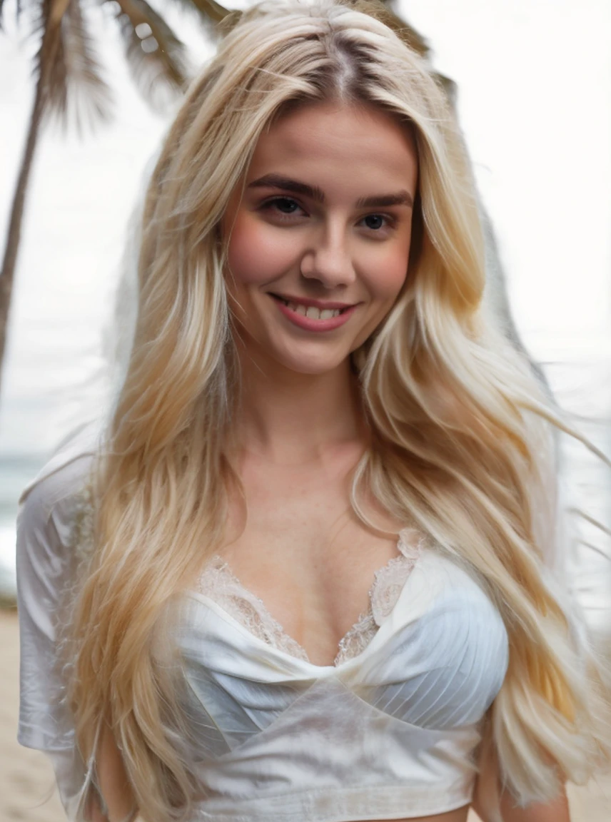 A 23-year-old cute looking, blonde woman with large breasts in a hyperrealism style. high resolution image, She has blonde hair with light brown roots. Her hair is long, worn in a ponytail. she has blue eyes, and a tiny nose. She is beautiful and in the front view of a selfie taken with an iPhone. She is wearing a tight white T-shirt and short jean shorts, sitting on the beach. big cleavage.