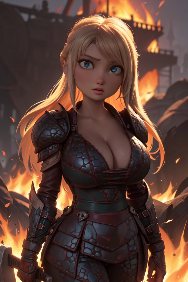 work of art, high qualiy, best qualityer, realisitic, face perfect, expressive eyes, Astrid Hofferson, 1 girl, standing alone, hair blonde, long hair, blue colored eyes, Bikini armors, Breasts huge, v-cut, absolute cleavage, voluptuous, zetai ryouiki, standing, holding gun, ax, (hand on fist), fire, Burning, embers, Flame, smoke, sparks, (tenebrosa, natta, tenebrosaness:1.3), Depth of field