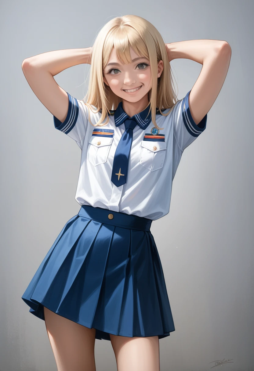 1 young japanese blonde girl, smiling, hands behind head, wearing uniform, blue skirt, upskirt, add noise, sharp skin, (masterpiece), (photorealistic: 1.3),(nsfw:1), ultra-detailed, (fine skin detail: 1.2), (best: 1.0), (super fine: 1.0) , (best quality:1.4), (ultra highres:1.2),(8k, RAW photo:1.2)
