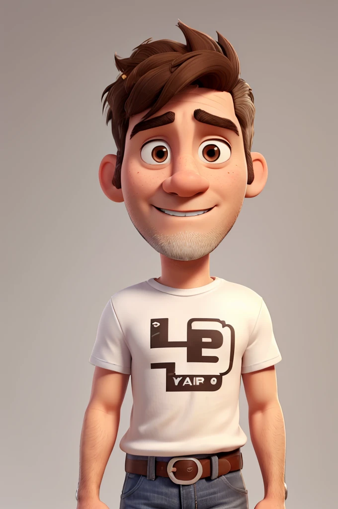 white man, 40 years old, bad face, short shaved beard, short messy brown hair, brown eyes, white t-shirt, jeans, black sneakers with white stripes, high definition, Pixar 3D style, 16k