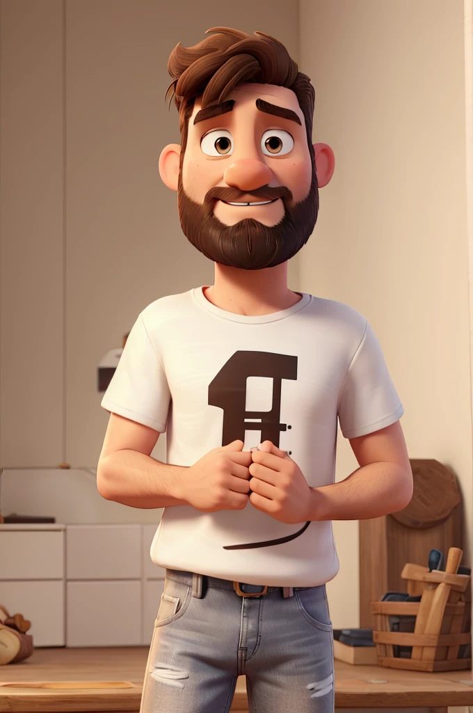 white man, 40 years old, bad face, short shaved beard, short messy brown hair, brown eyes, white t-shirt, jeans, black sneakers with white stripes, high definition, Pixar 3D style, 16k