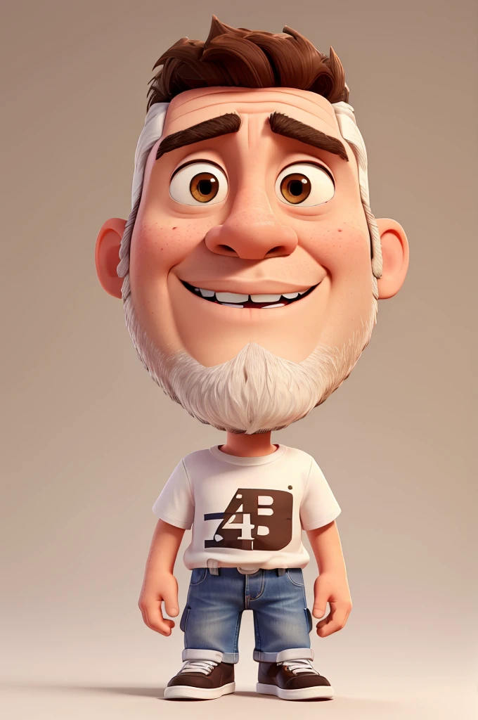 white man, 40 years old, bad face, short shaved beard, short messy brown hair, brown eyes, white t-shirt, jeans, black sneakers with white stripes, high definition, Pixar 3D style, 16k