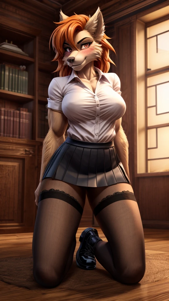 Skye from Paw Patrol, as a female werewolf, anthro, mature adult, mommy, tall, muscular, massive female, long messy orange hair, pink iris, white shirt, black skirt with black pantyhose, black shoes, kneeling, smugly looking at viewer, blushing, she is holding a reddish pink syringe, detailed, solo, beautiful, high quality, anime style, 4K