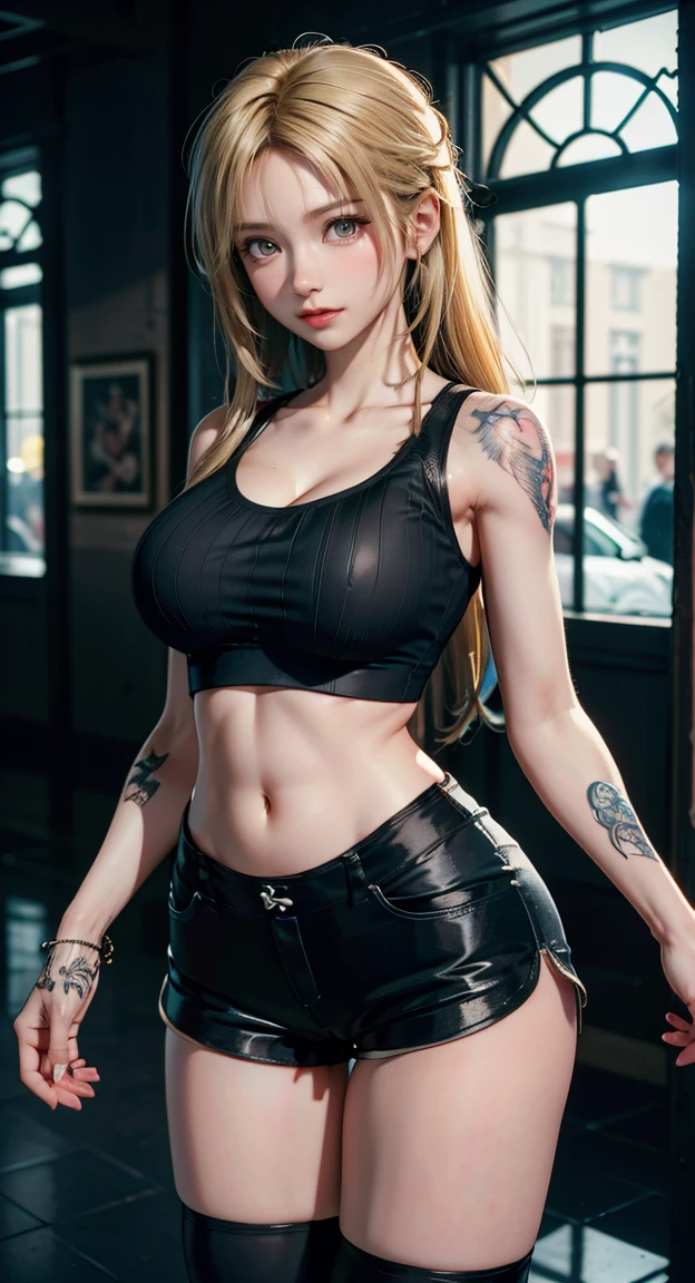 (Browsing Caution:0.7), Perfect Style, Beautiful Face, Highly detailed face and skin texture, (Maximum resolution: 1.2), 1 female,Hip Up, jewelry, (((He has many tattoos all over his body)), Streetwear, (((Tight shorts))), blonde, ,sneakers, (((Tight waist))), ((Big Breasts)),(See through)