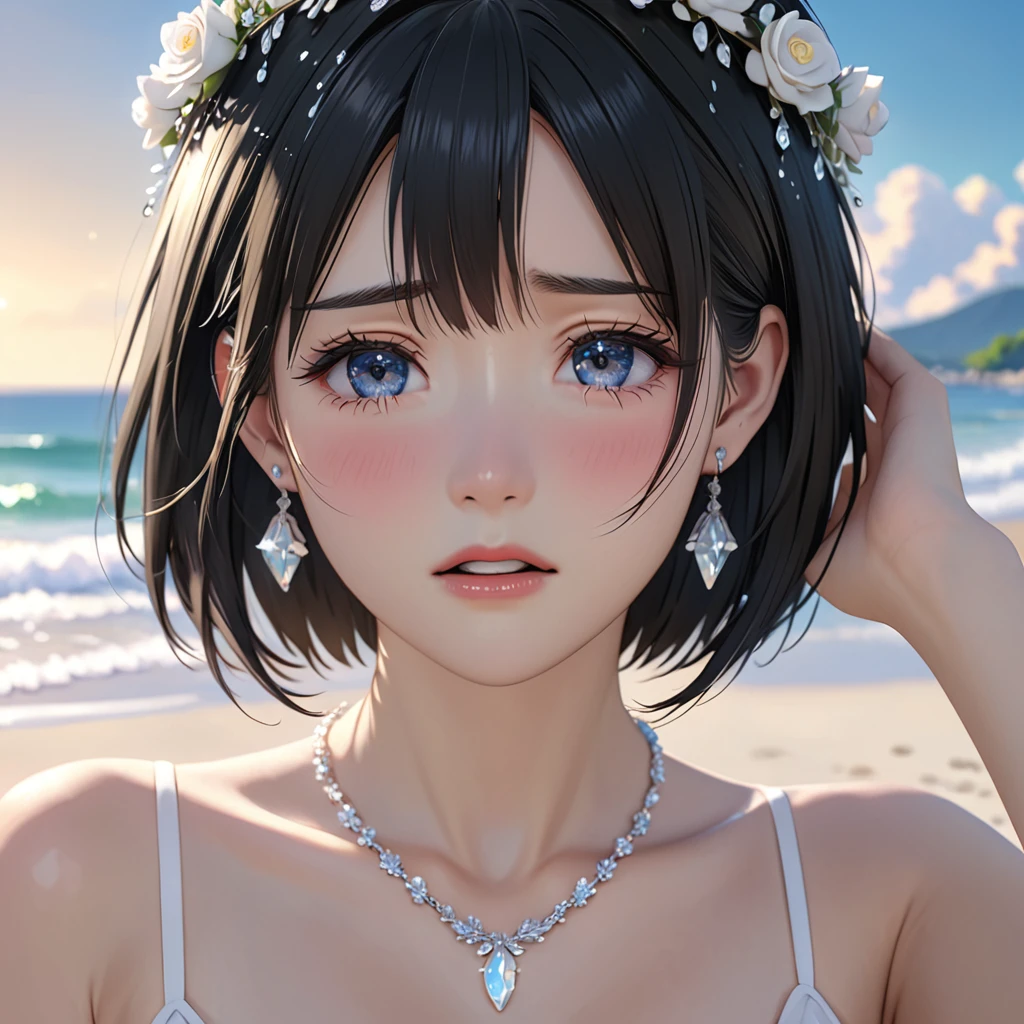 National Science Foundation,masterpiece,High resolution,8k,Art,digit,Three-dimensional,Realism,Kyoto Animation Style,your name movie style,looking into camera,cute,On the scenic beach,(1 girl: 1.3),(alone: 1.4),(Upper body nudity),Put your hands behind your head,White rose crown,white crystal necklace,White crystal earrings,Black hair,Long eyelashes,Slender legs,Short Bob,Close-up of upper body,Close-up,(A Closer Look),Eyes as deep as the starry sky,shy,blush,pain,sad,sad,cry,Tears,open mouth