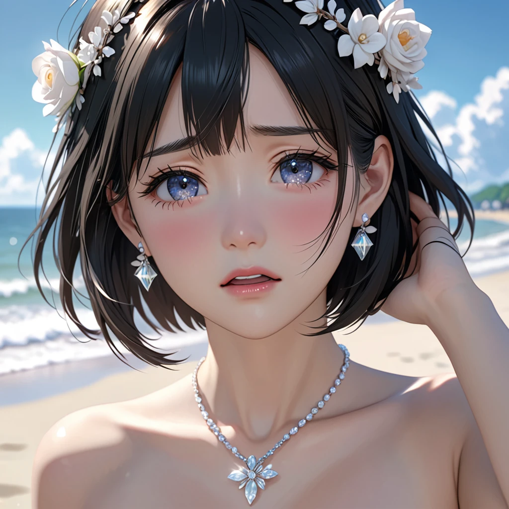 National Science Foundation,masterpiece,High resolution,8k,Art,digit,Three-dimensional,Realism,Kyoto Animation Style,your name movie style,looking into camera,cute,On the scenic beach,(1 girl: 1.3),(alone: 1.4),(Upper body nudity),Put your hands behind your head,White rose crown,white crystal necklace,White crystal earrings,Black hair,Long eyelashes,Slender legs,Short Bob,Close-up of upper body,Close-up,(A Closer Look),Eyes as deep as the starry sky,shy,blush,pain,sad,sad,cry,Tears,open mouth