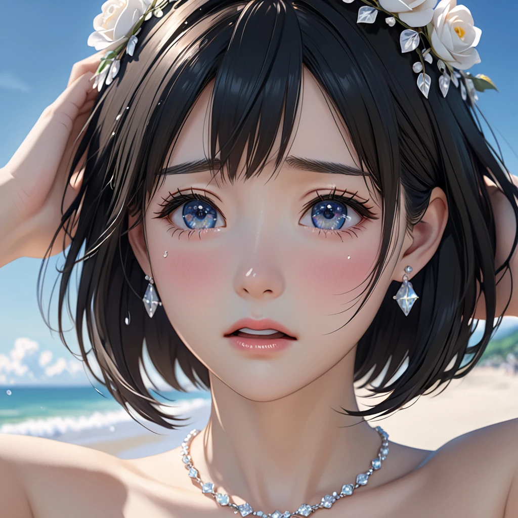 National Science Foundation,masterpiece,High resolution,8k,Art,digit,Three-dimensional,Realism,Kyoto Animation Style,your name movie style,looking into camera,cute,On the scenic beach,(1 girl: 1.3),(alone: 1.4),(Upper body nudity),Put your hands behind your head,White rose crown,white crystal necklace,White crystal earrings,Black hair,Long eyelashes,Slender legs,Short Bob,Close-up of upper body,Close-up,(A Closer Look),Eyes as deep as the starry sky,shy,blush,pain,sad,sad,cry,Tears,open mouth