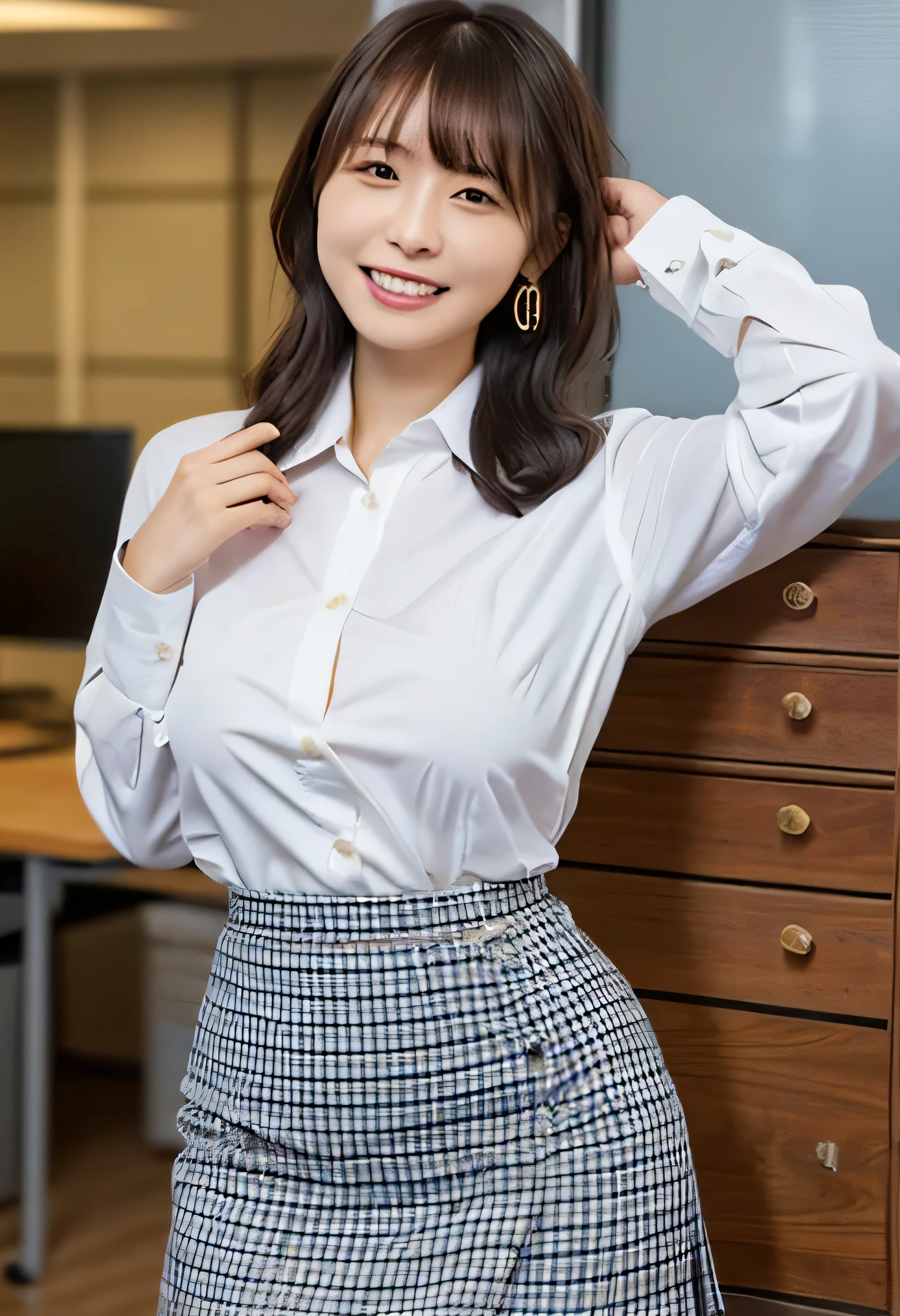 (White collared shirt、Offering tea、Tied up hairstyle、Photo from the waist up:1.4).One Girl, Cool Biz、(Put your hands on the desk and stick your butt out、office、Her natural G-cup breasts are visible even through her clothes、Office Lady Uniform、Cute beauty, Delicate girl:1.3), (24-years-old:1.3),(Smiling with teeth showing、Cute smiling eyes、Cute loose perm、(Fluffy hair、Loose perm、Braid only the bangs:1.4)Braid only the bangs、Fluffy hair、Medium Short Hair、Wearing an office lady skirt、Round and ample breasts、Curved waist、Photo from the waist up:1.4)
Very beautiful eyes, (Office Lady Uniform:1.3), (G-cup big breasts:0.5), Brown eyes, Parted bangs, Light brown hair,
, A face of ecstasy、(The expression of ecstasy、A face of ecstasy:1.0),
, (masterpiece, Highest quality, Super detailed, Detailed face, 8k)