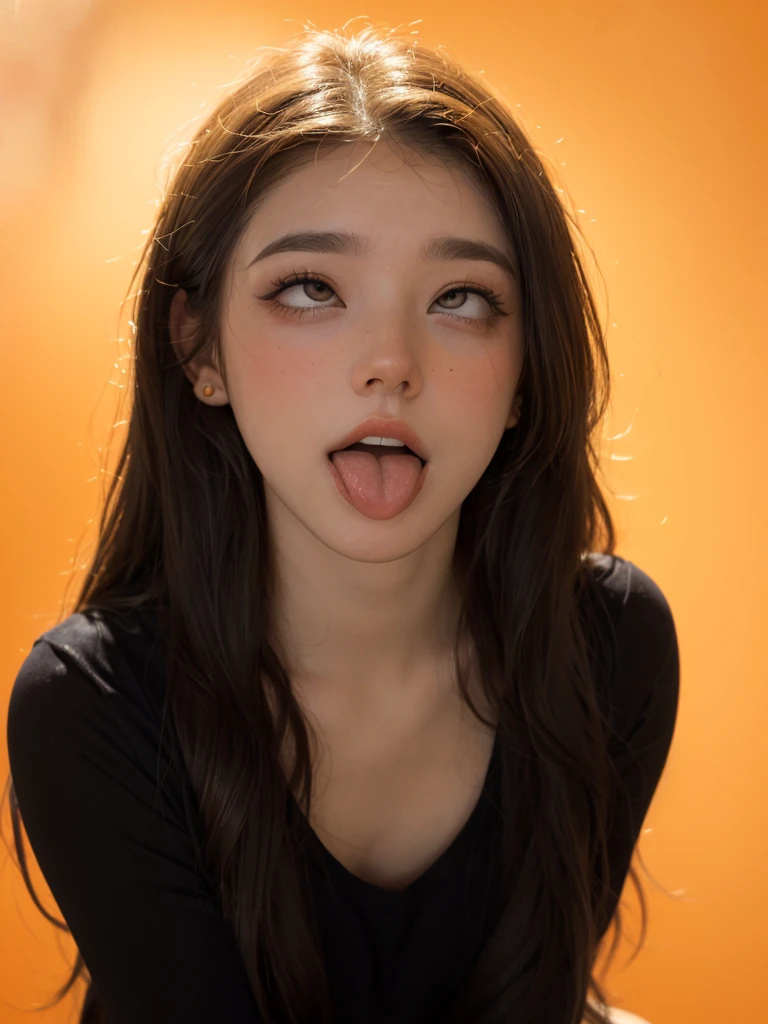 ((Realistic lighting, Best quality, 8K, Masterpiece: 1.3)), Clear focus: 1.2, femboy, Perfect Figure: 1.4, Slim Abs: 1.1, Super fine face, Fine eyes, Double eyelids, gasping, trembling, begging forgiveness, shocked face, scared, terrified, open mouth, deeper look, (aheago:1.5), Upper body、Big eyes、eyelash、((very simple orange  background:1.8))、(((Black French Braid, Big eyes、flat chest、curvy、avoiding eye contact 、beautiful beauty、show me your ears、long neck、low hairline、small forehead)))，Blushing, Shy smile, Embarrassed, Flushed cheeks, Timid expression, Coy look, Bashful, Sheepish grin
