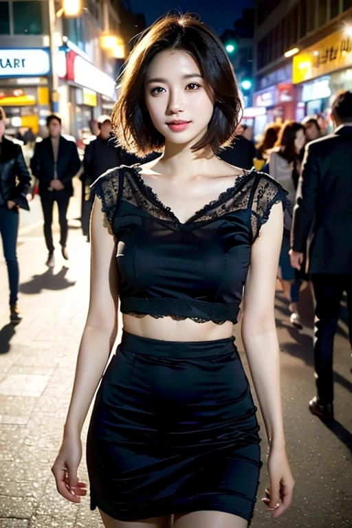(a gorgeous young korean lady, detailed face with large expressive eyes, long eyelashes, symmetrical face, delicate features, slim figure, kind smile, short bob hair, wearing black top and short skirt, standing on city street, highly detailed, 8k, masterpiece, masterful lighting, cinematic composition, photorealistic, volumetric lighting, vibrant colors, elegant, graceful, charming, bokeh, the_cowboy_shot, lonely night)