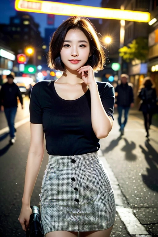 (a gorgeous young korean lady, detailed face with large expressive eyes, long eyelashes, symmetrical face, delicate features, slim figure, kind smile, short bob hair, wearing black top and short skirt, standing on city street, highly detailed, 8k, masterpiece, masterful lighting, cinematic composition, photorealistic, volumetric lighting, vibrant colors, elegant, graceful, charming, bokeh, the_cowboy_shot, lonely night)